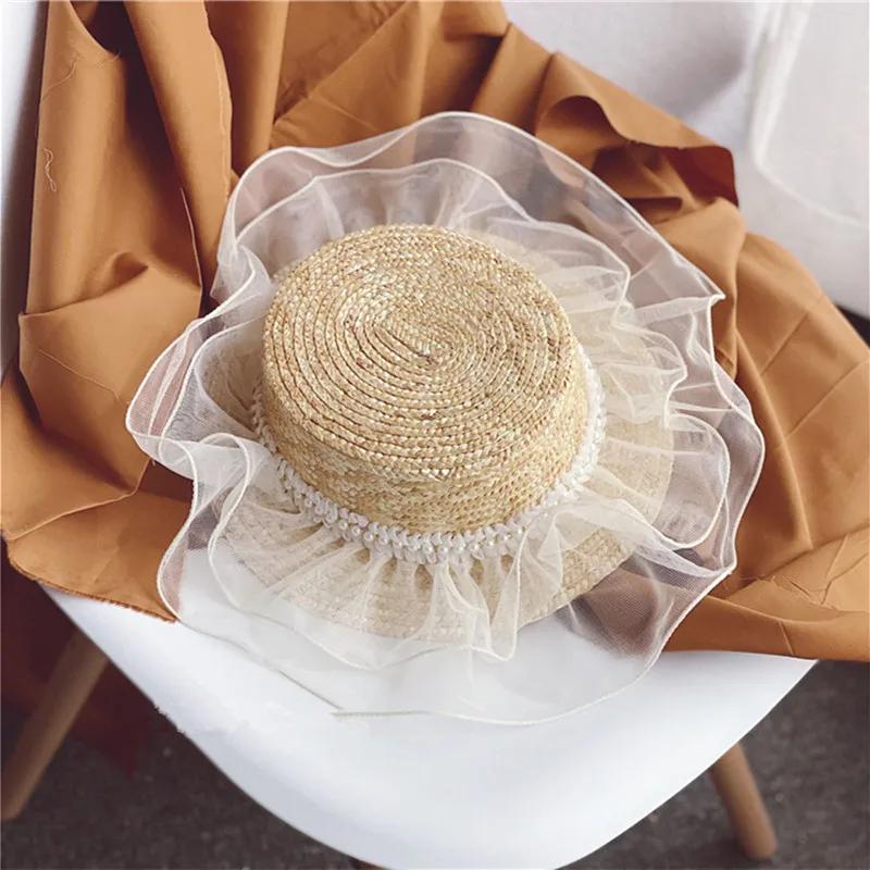 Elegant White Lace Wide Brim Sun Hat For Women Girl Imitation Pearls Flat Brim Beach Straw Hat Outdoor Sun Protection Panama Cap