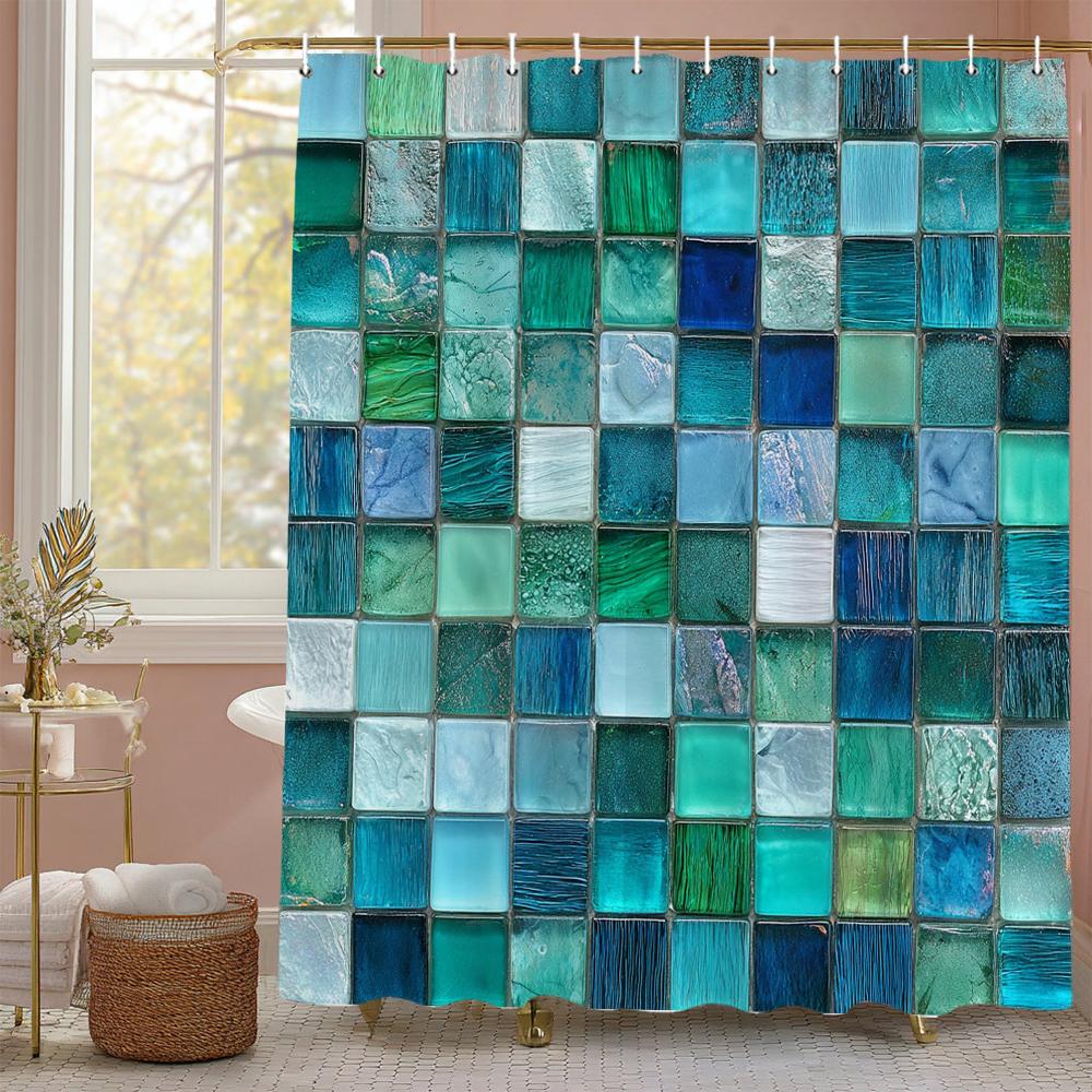 Modern Creative Geometric Pattern Blue Shower Curtain, Bathroom Decorative Shower Curtain, Waterproof Shower Curtain with Hooks