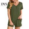 Women Summer Clothes 2 Pcs/Set Pajamas Suit V Neck Short Sleeve Sleepwear Set Casual Two-piece Outfit Homewear Top Shorts Loose Sport