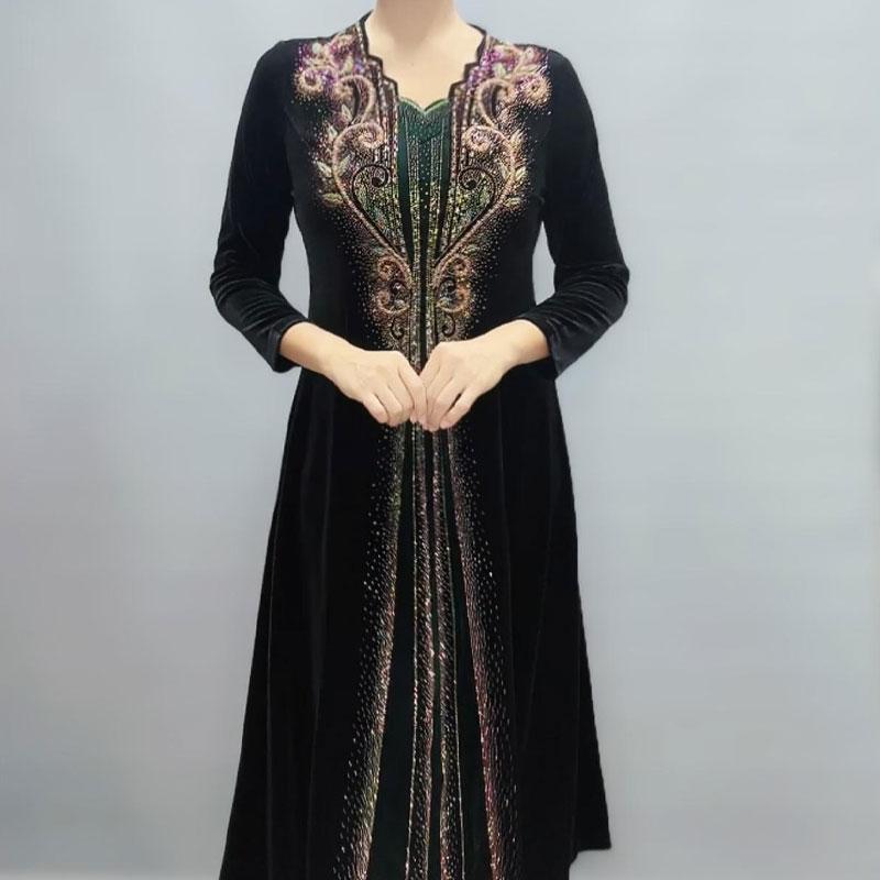 

Платья миди с V-образным вырезом, с ромбами, женские, винтажная вышивка, весенне-осенние, имитация двух частей, элегантные А-силуэта 6XL зелёный/чёрный