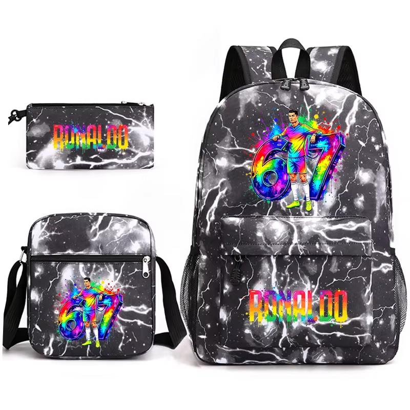 Cr7 Ronaldo 67 Patroon Schoolrugzak Set met Schoudertas en Etui voor Tieners Kinderen Meisje Jongen Lichtgewicht Ruime Schooltas