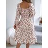 Fashion Women's Dresses Elegant Floral Square Neck Long Sleeve Waisted Ruffle A-line Dresses