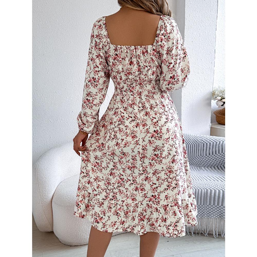 Fashion Women's Dresses Elegant Floral Square Neck Long Sleeve Waisted Ruffle A-line Dresses