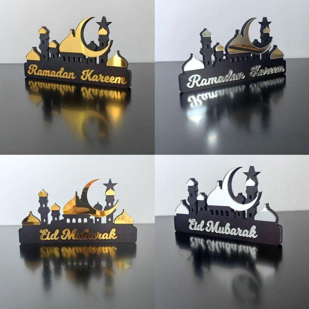 

Gold Silver Eid Mubarak Figurine Moon Star Castle Desktop Decoration Festival Supplies BT506-Silver-S