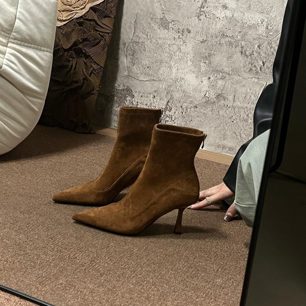 Autumn and winter French temperament pointed thin boots versatile high heel rear zipper suede fashion boots