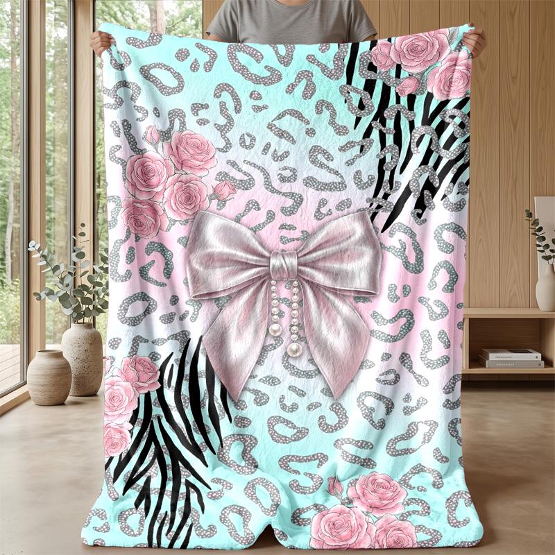 Pink Roses Leopard Print Theme blanket Lightweight Warm Flannel Blanket Decorative Throw Blanket for Home Decoration