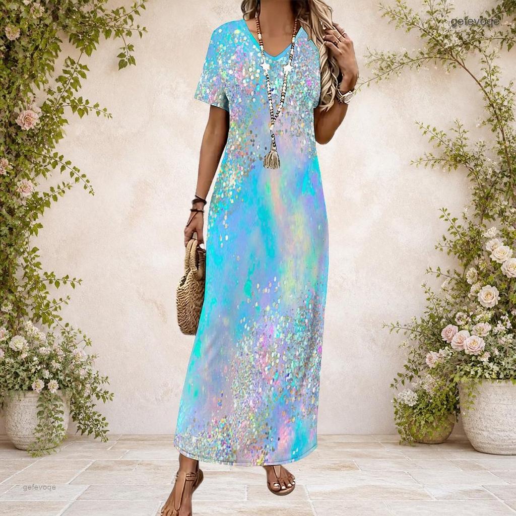Women Plus Size V Neck Short Sleeve USA Flag Printed Maxi Dress
