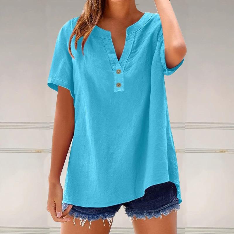 JPNTKY Women's Fashion Casual Solid Color Print Short Sleeve V Neck Blouses & Shirts