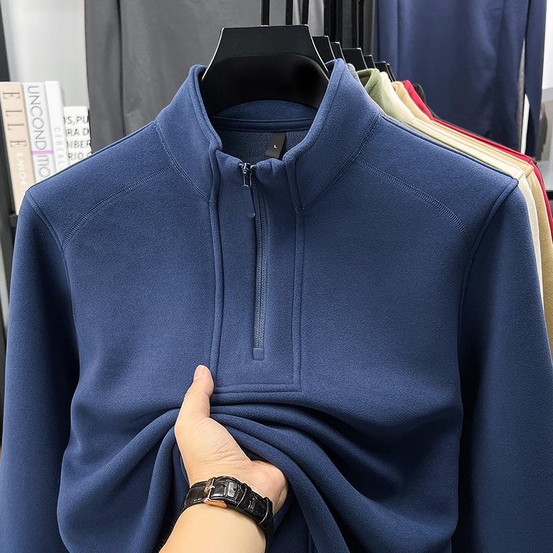 2025 Autumn/Winter Men's Solid Color Half-Zip Windproof Stand Collar Fleece Hoodie