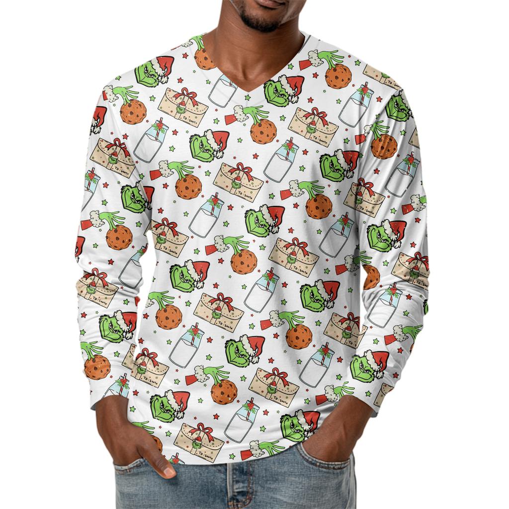 Men's Fashion Printed V-Neck Casual Long-Sleeved T-Shirt Bottoming Shirt Top