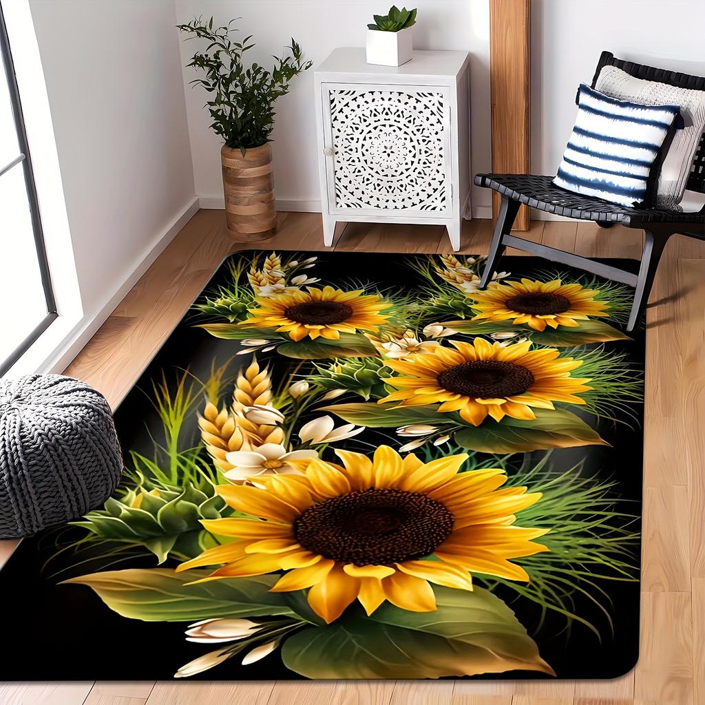 Sunflower Pattern Non-Slip Area Rug, Machine Washable Soft Polyester Mat for Living Room Bedroom Kitchen Entryway Decor