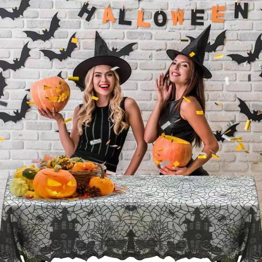 1 Pcs of Halloween Lace Tablecloth Spider Web Skull Pattern Rectangular Shape for Party Decoration Haunted House Pumpkin Design