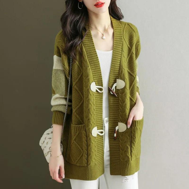 

Шерстяные свитера Пальто Кардиган для женщин Осень Зима Большой размер Винтажный Свободный Длинный рукав Вязаные свитера Пальто XXXXXL зелёный