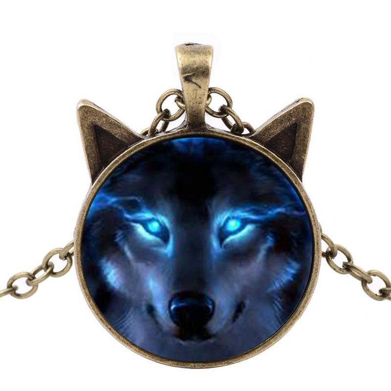 Unisex Jewelry Retro Wolf Head Pendant Cabochon Long Chain Sweater Necklace бронзовый