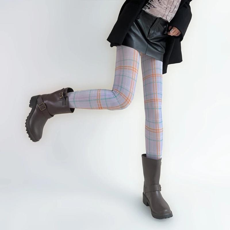 Women Sexy Tights Socks Translucent High Waist Pantyhose Plaids Print Silk Stockings Colourful Plaids Printing Stockings