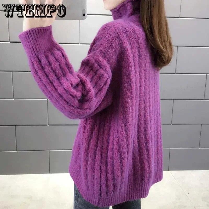 Moteriškas megztinis su kaklu, storas šiltas rudens žiemos laisvas megztinis, moteriškas megztinis, negabaritinis, purpurinės megztos juostelės