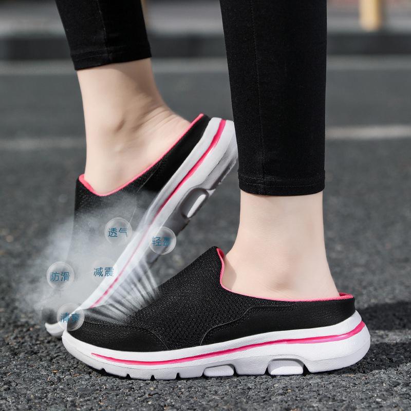 New Casual Shoes For Women's Half-Stopping Single Shoes For Women's Flat Sole One Foot Pedal Mesh Breathable Sandals Without Hee