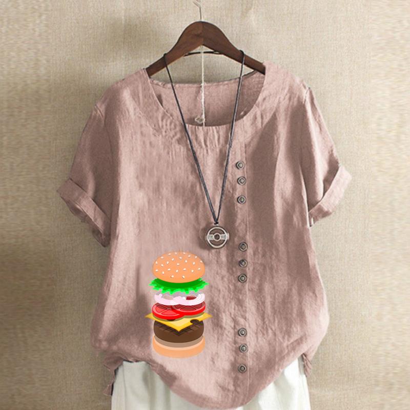 Women's Fashion Hamburger Prined Round Neck Short Sleeve T-shirt Casual Cotton Linen Graphic Shirt Leisure Loose Summer Blouse Tops