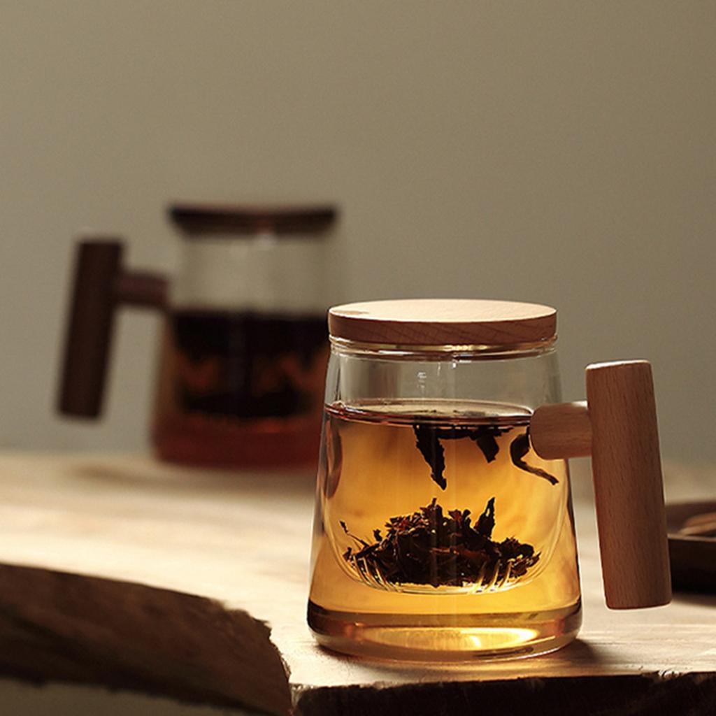 -Resistant Borosilicate Glass Transparent Mugs w/Wood Lid Cover for Water