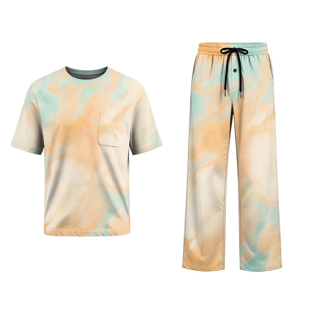 Herren-Haus-Pyjama-Set, Kurzarm-Oberteil und lange Hose mit Knopfleiste und Tunnelzug