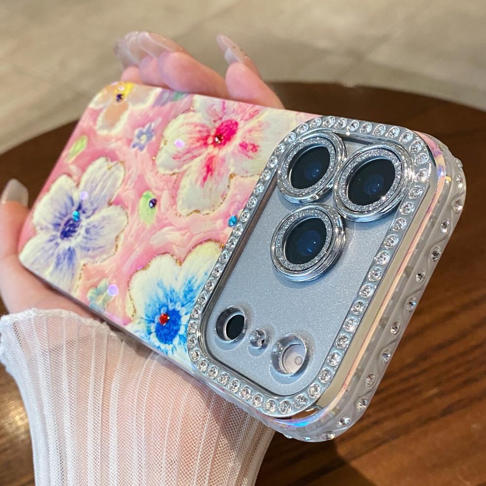 Sparkling Rhinestone Floral IMD Pattern Soft Case For iPhone 17 Pro Max 16 15 14 13 Vibrant Floral Design Shockproof Funda Cover