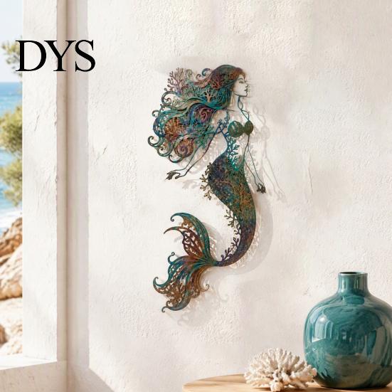 Beach House Wall Accents Metal Mermaid Decoration, Three-dimensional Hollow Iron Art Vintage Style Ocean Decor Sculpture, Retro Hanging Figures
