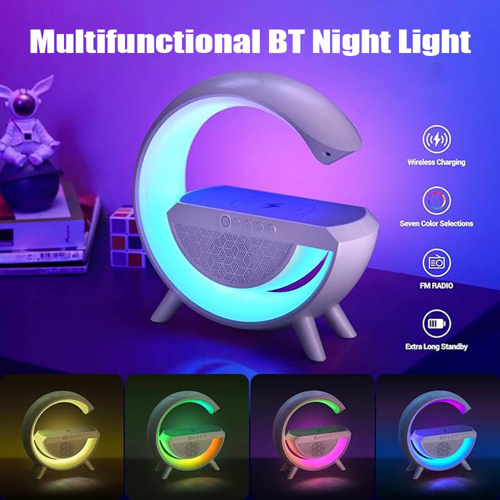 Smart BT Speaker Alarm Clock with Wireless Charging Ambient Lamp with 6 Light Modes for Bedroom Home Office
