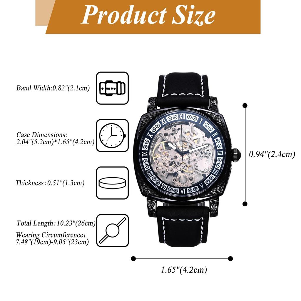 Automatic Skeleton Watch with Genuine Leather Roman Analog 3ATM Water Stylish Accessory for Leisure and Business Perfect Gift for and Day Men's Strap