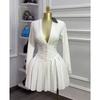 Women's V Neck Long Sleeve Mini Dress Slim Fit Mid Waist Elegant Pleated Knit Short Dress For European American Women
