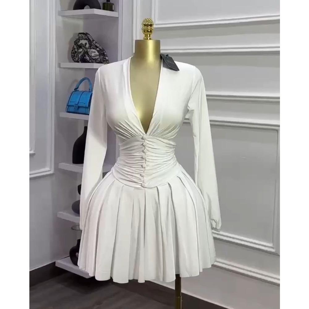Women's V Neck Long Sleeve Mini Dress Slim Fit Mid Waist Elegant Pleated Knit Short Dress For European American Women