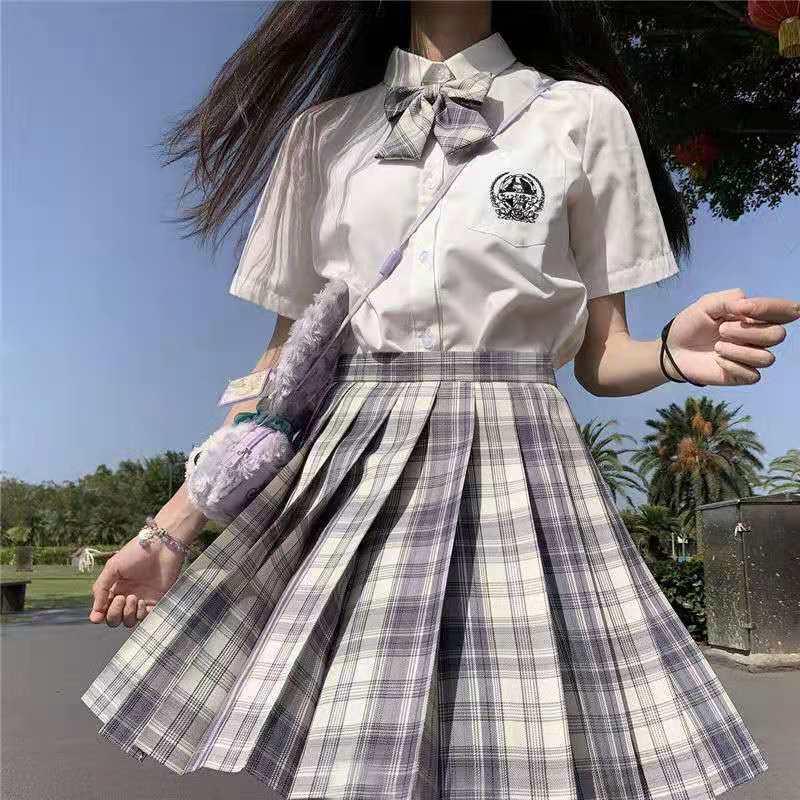 Gentle Blade Authentic JK Uniform: Plaid Pleated Skirt & College Style Short Shirt Set