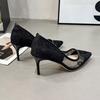 Hollow and breathable French shallow mouth single shoes pointed high heels 2025 new lace stiletto temperament women's shoes women's summer