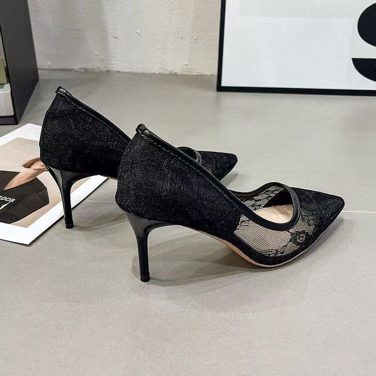 Hollow and breathable French shallow mouth single shoes pointed high heels 2025 new lace stiletto temperament women's shoes women's summer