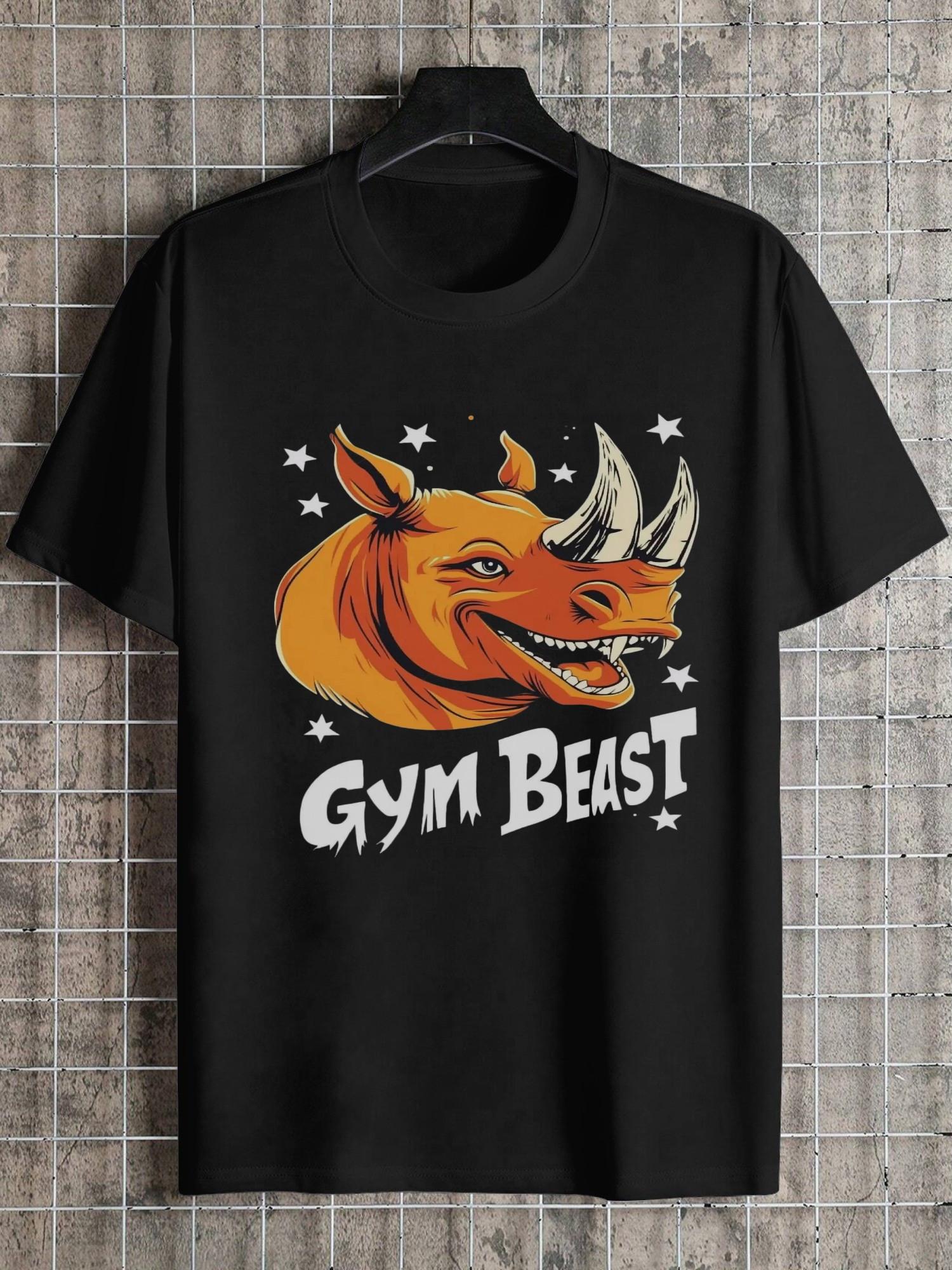 1pc Smiling Rhinoceros Gym Beast Graphic T-shirt - 180g Cotton Crew Neck Short Sleeve XXXL