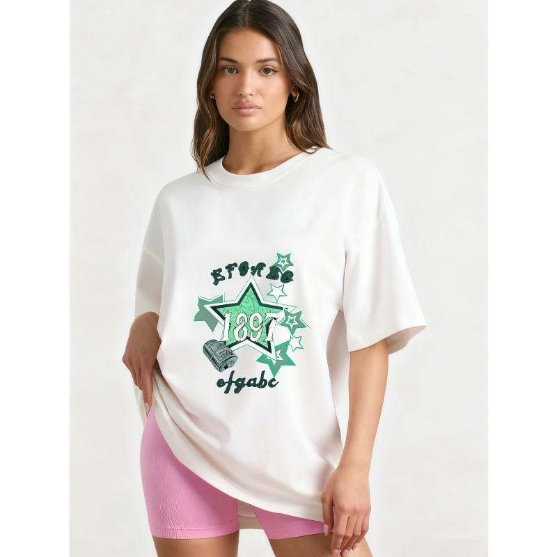 

Футболка оверсайз с принтом черной звезды, дизайн с текстом 1897, повседневный уличный стиль, модный топ для женщин и девушек XXXXL белый