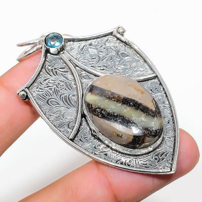 Natural Septerian Stone, Blue Topaz 925 Sterling Silver Pendant 2.72" O2r50