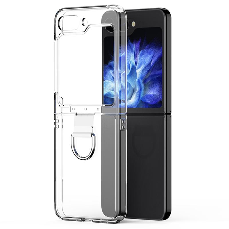 

For Samsung Galaxy Z Flip5 5G Hard PC Skin-touch Phone Case Metal Ring Holder Anti-Slip Cover Transparent