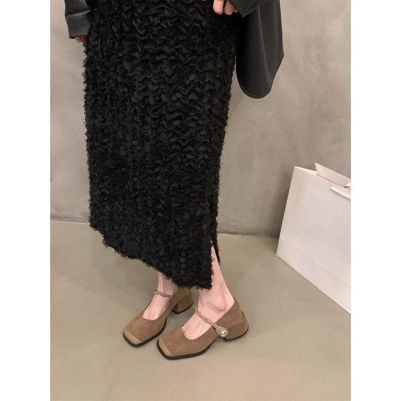 High heels black Mary Jane small leather shoes women's shoes spring autumn and winter retro square head French evening shoes