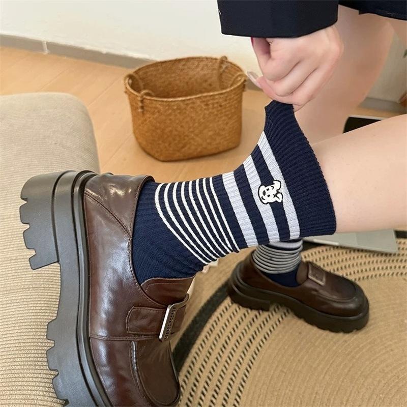 Autumn and Winter Striped Embroidered Puppy Cartoon Mid-calf Socks for Girls