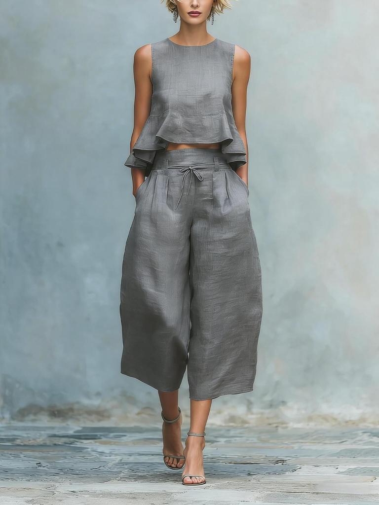 Womens Blue Sleeveless Crop Top with Ruffle Hem and Wide Leg Tie Waist Pants Set