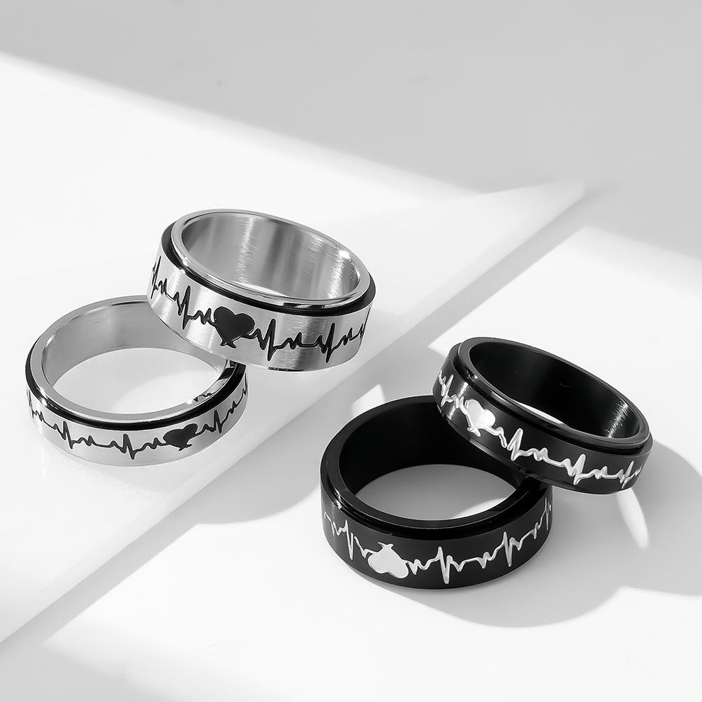 Titanium Steel Rotating Electrocardiogram Couple Ring, Heartbeat, Decompression, Stainless Steel Matching Ring, Hand Jewelry