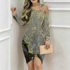 Women Plus Size Asymmetric Cold Shoulder Long Sleeve Purple Gold Agate Print Irregular Wrap Bodycon Midi Dress