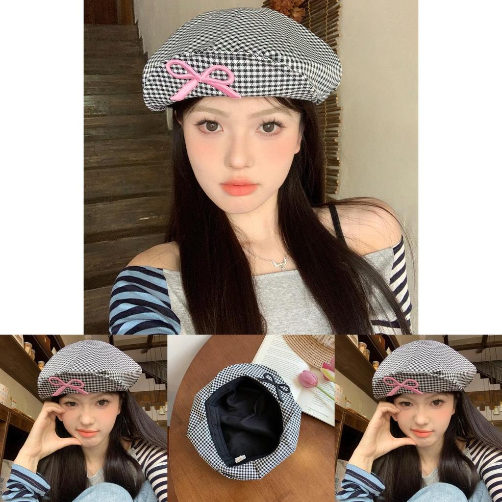 Elegant Korean Style Plaid Bowknot Cloud Beret Hat For Women And Men Spring Fashion