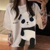 Camiseta Feminina de Verão Bordado de Animal Decoração de Panda Solta Comprimento Médio Gola Redonda Uso Diário Manga Curta Cor Contrastante Top de Verão Feminino Vestuário