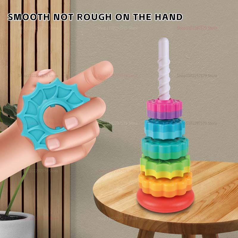 Montessori Rotating Rainbow Tower Baby Stacking Puzzle Toy Colorful Educational Gift Safe Environment Friendly Toddler Play Ramp