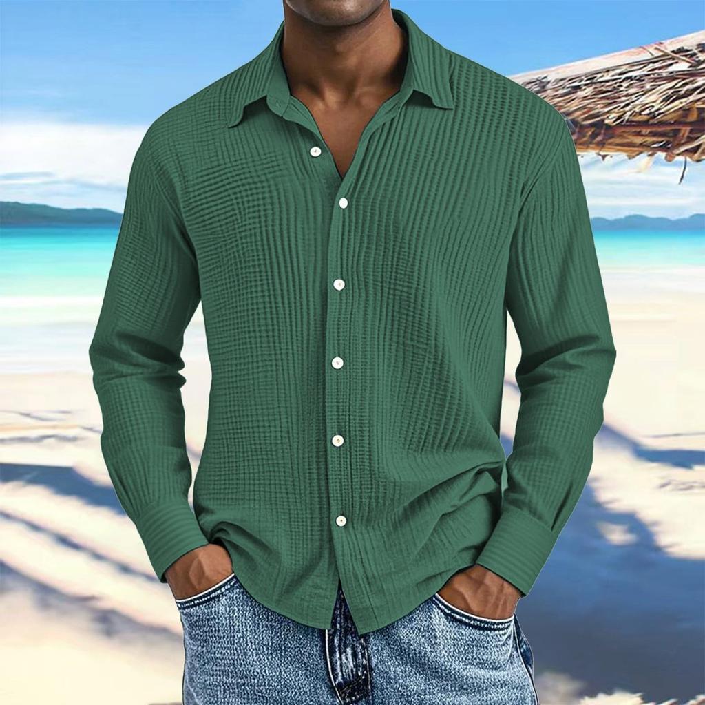Men's Cotton Shirts Long Sleeve Casual Button Down Textured T-Shirt Loose Vacation Beach Lightweight Topsrt
