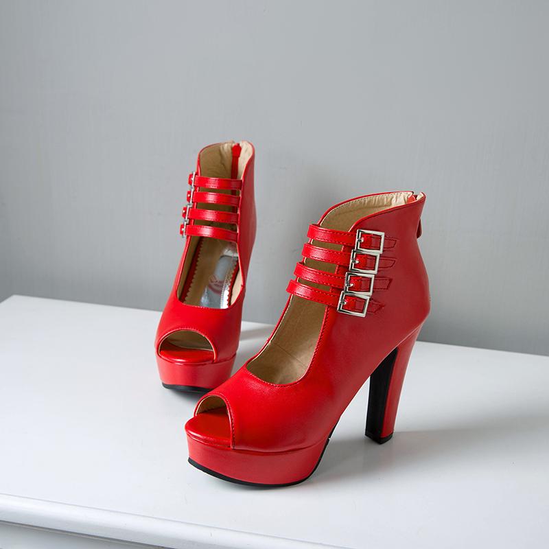 Summer New Womens Ankle Boots Sandals High Quality PU Leather Buckle Strap Zip Stiletto Heels Plus Size 35-46Shoes