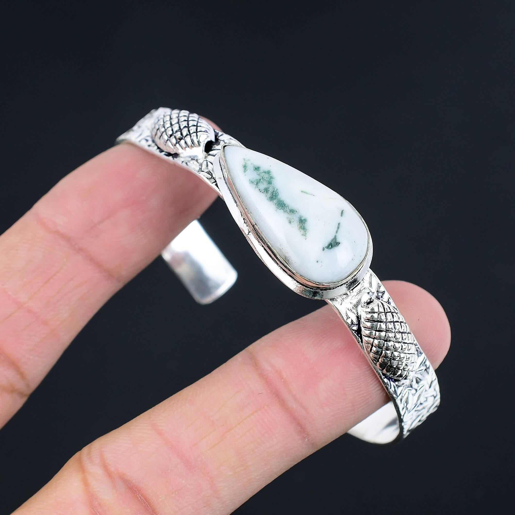 

Sisters Day Sale 925 Sterling Silver Natural Tree Agate Art Deco Bangle Jewelry Adjustable