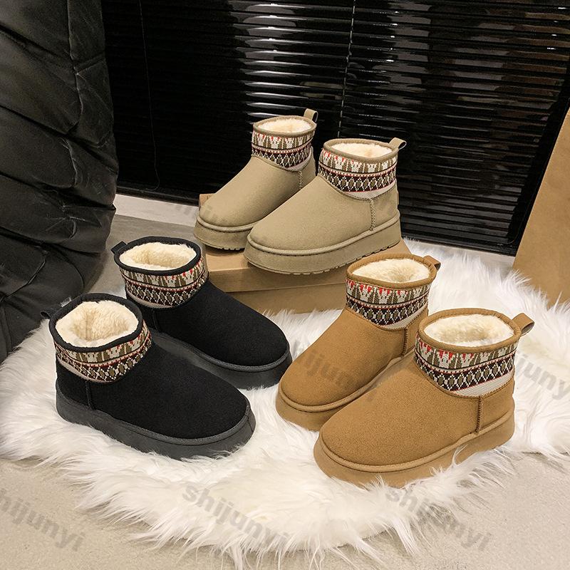 Plush Women Ankle Boots Short Tube Thick Soled Snow Boots 2024 Winter New Zipper Retro Platform Plush Warm Casual Cotton Boots