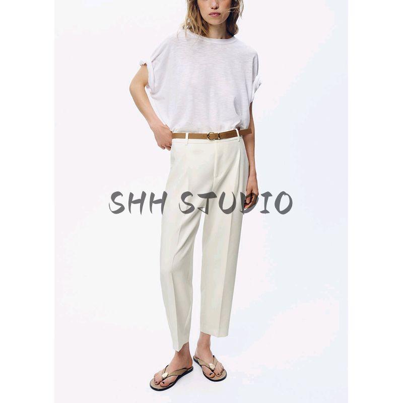 Spring New Women's Clothing Commute Leisure Multi-Color Matching Belt High Waist and Ankle Elegant Pleated Pants 9929022